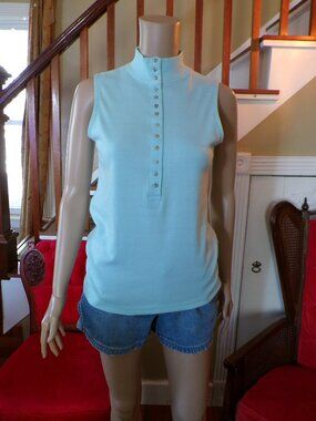 CURRANTS By Jeri-JD Women’s Blue Sleeveless Tee w/1/2 Button Down Front Sz Med